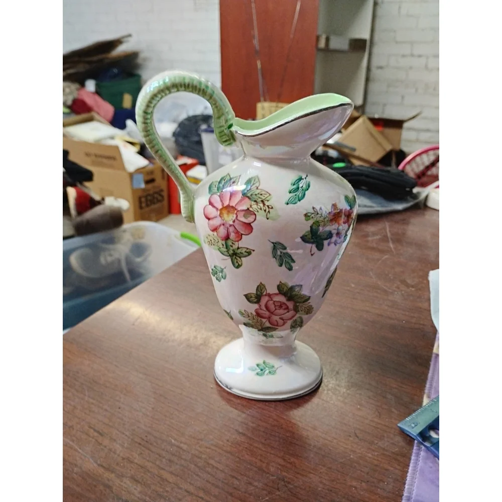 Vintage Japanese Light Green Floral Pitcher Ceramics Gold Trim Lusterware